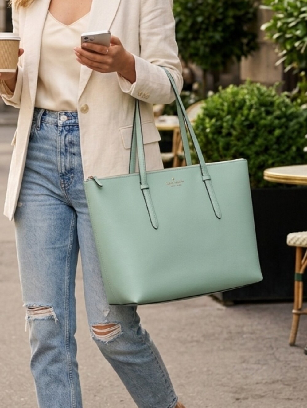 Kate Spade All Day Large Zip Top Tote Aventurine Mint Green Leather NWT